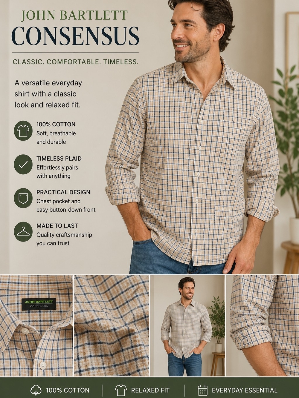 John Bartlett Consensus Men’s Beige Plaid Button-Down Shirt